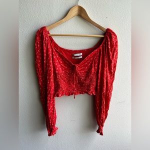 Urban Outfitters off the shoulder red orange floral long sleeve crop top